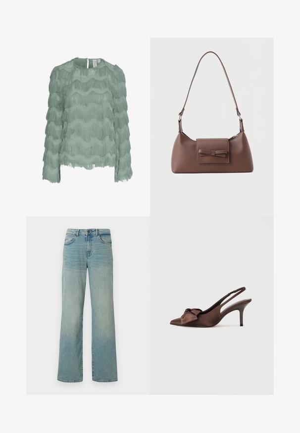 Blusa de manga larga verde menta con diseño de flecos horizontales en capas, tela texturizada, escote redondo y cierre con botones en la parte posterior.; Jeans de mezclilla azul claro con una cintura alta, piernas anchas y un diseño clásico de cinco bolsillos. Presenta un discreto desvanecimiento y un cierre de botón.; Zapato de tacón alto con tira trasera de raso marrón, punta puntiaguda y detalle de lazo en la parte frontal. Presenta una silueta elegante y tacón delgado.; Bolso bandolera de cuero marrón con un bolsillo frontal de solapa que presenta un detalle de moño cosido y una correa ajustable.