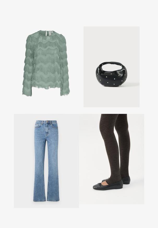 Blusa de manga larga verde menta con diseño de flecos horizontales en capas, tela texturizada, escote redondo y cierre con botones en la parte posterior.; Jeans de denim azul claro con un diseño de pierna acampanada, cintura alta y hardware mínimo. Presenta un estilo clásico de cinco bolsillos y costuras sutiles.; Piernas con leggings oscuros acanalados combinados con bailarinas negras que presentan pequeños detalles de lazo sobre un fondo blanco.; Bolso de mano de cuero negro con forma redondeada, decorado con detalles de tachuelas plateadas y un asa corta. Textura lisa y cierre con cremallera.