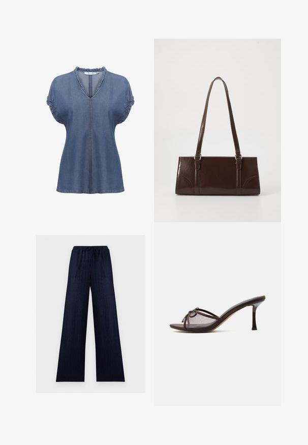 Džinsist blouse V-kaelusega, volangidega krae ja puhv-sleeved. Omab kontrastset õmblust ja vabamat lõiget, keskmises sinises toonis.; Tumesinised laia säärega püksid, millel on peenine siksakiline tekstuur, elastne vöökoht ja paelaga kinnitamine.; Pruun avatud varbaga mule-tüüpi king, keskmise kõrgusega kontsaga, läbipaistev võrgust ülapind ja väike lips detail peal.; Pruun läikiv naha käekott, millel on ristkülikuline kuju, kaks pikka käepidet ja esipaneelil peened kõverad aktsendid.