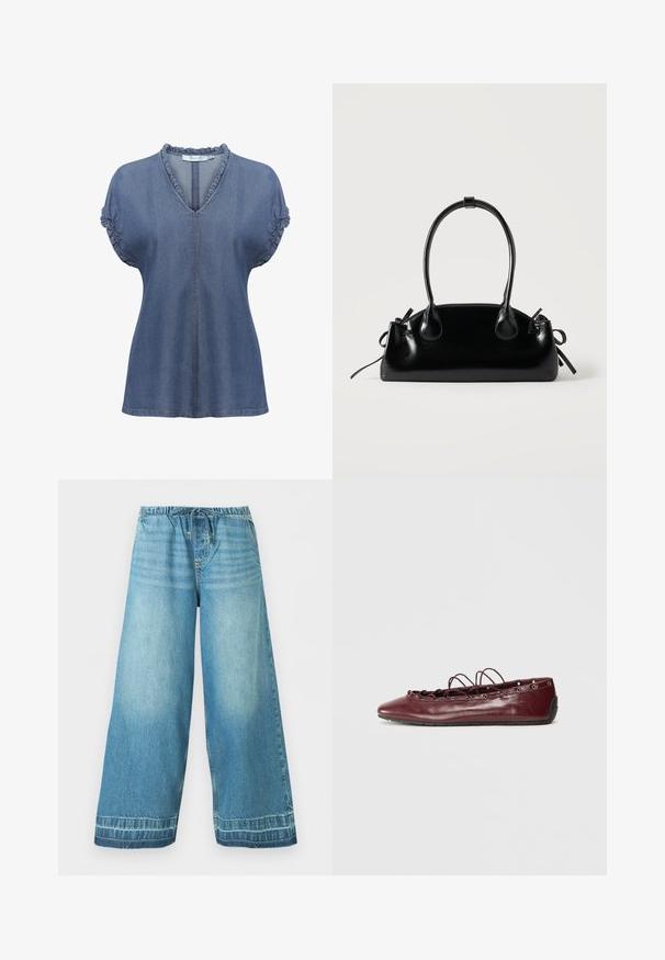 Džinsist blouse V-kaelusega, volangidega krae ja puhv-sleeved. Omab kontrastset õmblust ja vabamat lõiget, keskmises sinises toonis.; Hele sinised, laia säärega teksapüksid, millel on elastne vöökoht ja nöörsild, esimesed taskud ning peened tuhmuvad detailid.; Burgundia nahast balletikesed terava toe'ga, pitsilise detailiga esiosa ja hõbedaste silmadega. Pehme tallapoolne konstruktsioon paindlikkuse ja mugavuse jaoks.; Väike must läikiv käekott kahe pika sangaga ja külgedel paelakinnitustega, ühel lihtsal helel taustal.