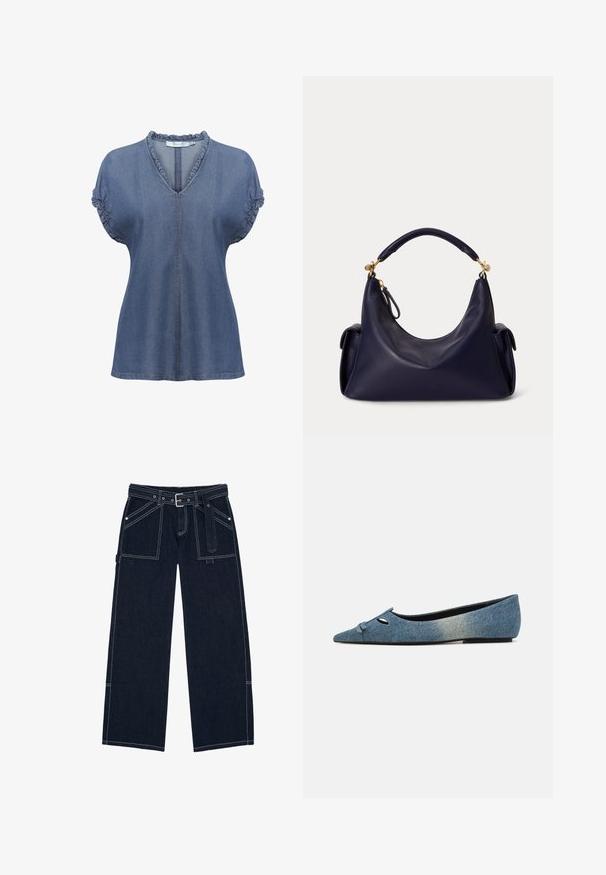 Denimbluse med V-hals, flæsekrave og pufærmer. Har kontrasterende syninger og en afslappet pasform i mellemmørkeblå.; Mørkeblå denim bukser med vidben, hvide kontrastsyninger, store forlommer, bæltestropper og sølvspænde bælte.; Denim balletflade med spids tå, dekorativ sløjfe og sorte detaljer. Blødt, tekstureret stof i en lys til mørk blå gradient. Flad sål.; Mørkeblå læderhåndtaske med kort, buet hank, guldfarvet hardware og sidelommer med klap på ensfarvet baggrund.