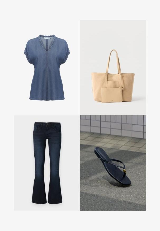 Blouse en denim avec un col en V, un col froncé et des manches bouffantes. Présente des coutures contrastées et une coupe décontractée, en bleu moyen.; Jean bootcut femme en bleu foncé avec bouton frontal, design à cinq poches et léger délavage sur les cuisses et les genoux, sur un fond uni.; Tongs en cuir noir avec une boucle décorative dorée, reposant sur un pavement texturé près d’un mur carrelé en extérieur.; Sac fourre-tout en daim beige avec de longues poignées et une pochette assortie à fermeture éclair attachée, sur un fond blanc uni.