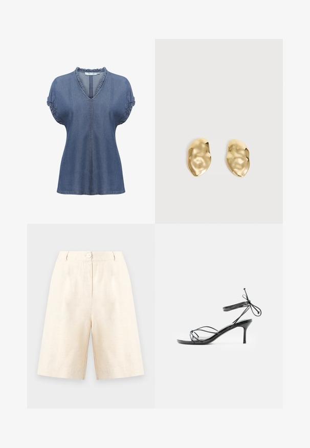 Blouse en denim avec un col en V, un col froncé et des manches bouffantes. Présente des coutures contrastées et une coupe décontractée, en bleu moyen.; Shorts beige mi-cuisse avec fermeture par bouton et zip, passants pour ceinture, et coupe droite, sur un fond clair uni.; Sandale noire à talons hauts avec lanières fines à la cheville et talon stiletto de hauteur moyenne sur fond blanc.; Paire de boucles d'oreilles en métal doré brillant, de forme irrégulière, avec une surface froissée et lisse sur un fond clair uni.