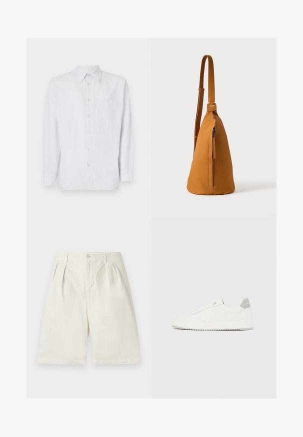 Stribet button-up skjorte lavet af letvægtsstof, med en brystlomme, lange ærmer og krave i lyseblå og hvide nuancer.; Beige bomuldsshorts med folder foran, sidelommer og knaplukning. Stoffet har en glat overflade og en skræddersyet form.; Hvid lavtop-sneaker med gråt hælflig, hvide snørebånd og tekstureret sål, vist på en ensfarvet lys baggrund.; Tan læder crossbodytaske med justerbar rem og lodret lynlåslomme, vist fra siden mod en ensfarvet lys baggrund.