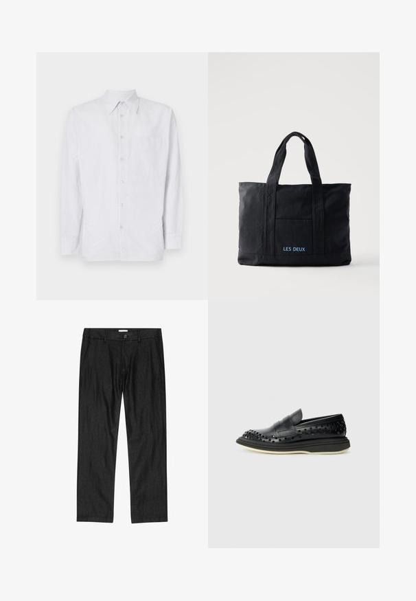 Camisa de botones a rayas hecha de tela ligera, con un bolsillo en el pecho, mangas largas y cuello en tonos azul claro y blanco.; Pantalones negros de corte recto para hombre con botón frontal, bragueta con cremallera y bolsillos laterales, mostrados planos sobre fondo blanco.; The Antipode COLLEGE PIERCED - Zapatos sin cordones - black; Bolsa tote de lona negra con dos asas, bolsillo frontal y "LES DEUX" bordado en azul en el bolsillo delantero.