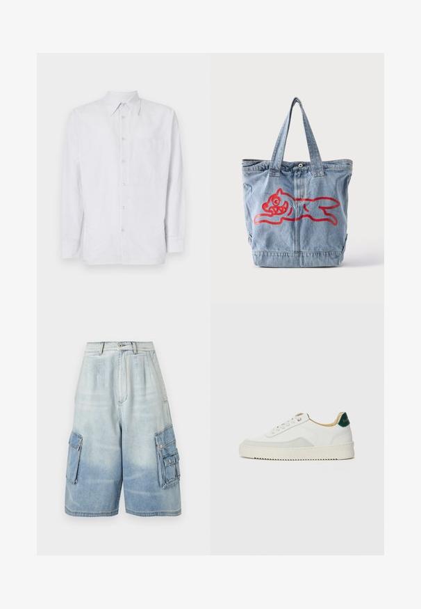Gestreept overhemd van lichtgewicht stof, met een borstzak, lange mouwen en een kraag in lichtblauwe en witte tinten.; Lichtblauwe denim cargoshorts met meerdere klepzakken en knoopsluitingen, met hoge taille en wijde pijp.; Witte sneaker met suède accenten, ronde neus, platte veters en een crème rubberen zool. Bevat groene branding op de hiel.; Lichtblauwe denim draagtas met twee handvatten en een rode omtrek van een rennend cartoonachtig dier aan de voorkant.