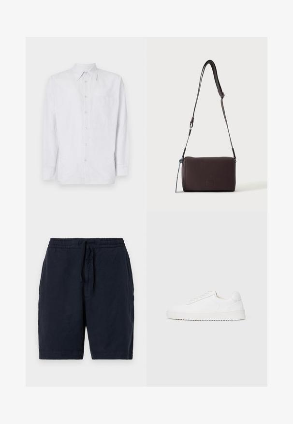 Stribet button-up skjorte lavet af letvægtsstof, med en brystlomme, lange ærmer og krave i lyseblå og hvide nuancer.; Marineblå linned-shorts med elastisk talje og snøre, med en afslappet pasform og en let tekstureret overflade.; Hvid sneaker med en glat læderoverdel, rund tå, snørebånd, teksturerede sideaccenter og en tyk gummisål. Minimalistisk design.; Mørkebrun textured læder crossbody taske med justerbar rem og lille dekorativ blå accent på siden.