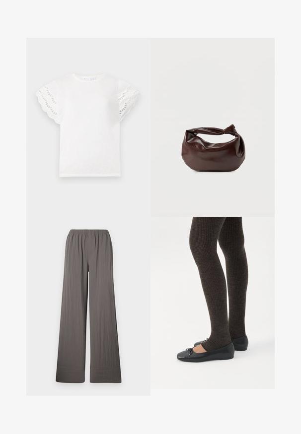 T-shirt blanc à manches courtes et festonnées avec découpes en œillets. Tissu doux, col rond et design simple sans embellissements supplémentaires.; Pantalons à jambes larges en tissu texturé gris foncé. Dotés d'une taille élastique et d'un ourlet piqué.; Jambes portant des leggings côtelés foncés associés à des ballerines noires avec de petits détails en nœud sur fond blanc.; Sac bandoulière en cuir marron foncé avec une forme souple et décontractée et une anse nouée torsadée sur un fond blanc uni.