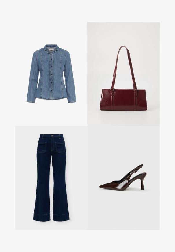 Veste longue en jean bleu à manches longues avec fermeture à boutons, deux poches latérales et un petit col, présentée sur un fond blanc.; Jean denim bleu foncé taille haute avec jambes larges, poches plaquées à l'avant, passants de ceinture et ourlets revers.; Talons slingback en cuir verni brun avec un bout pointu, un talon fin, et une sangle réglable avec une petite boucle.; Sac à main bordeaux en matériau brillant, de forme rectangulaire, avec deux anses et des accents légèrement courbés à l'avant.
