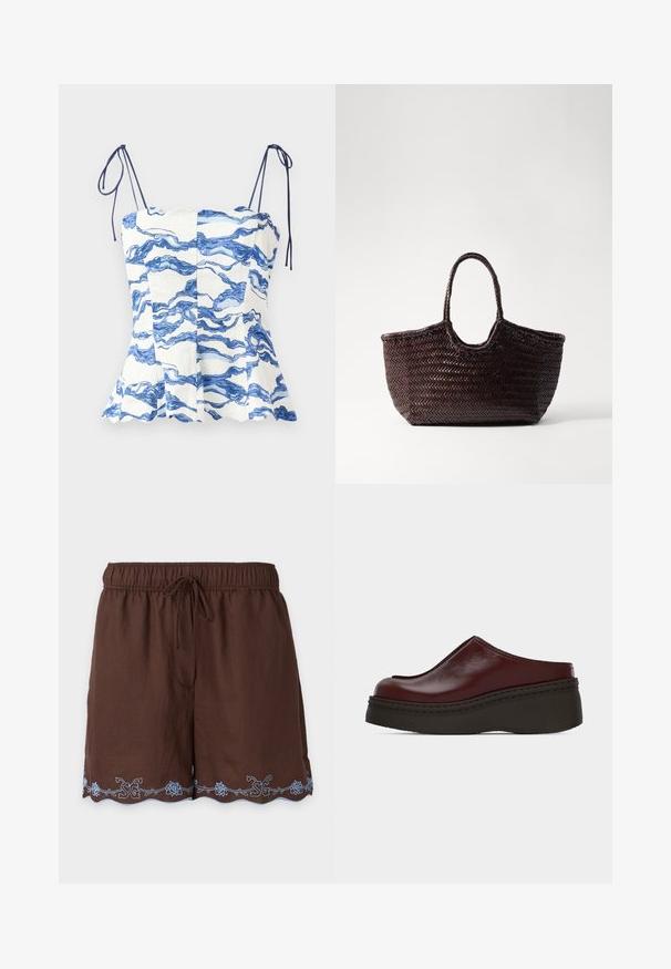 Hvid top med blåt bølgemønster, flagrende design og justerbare spaghetti-stropper. Har scallop-udskæring og struktureret stof.; Brune elastiske taljeshorts med snøre og lyseblåt broderet blomsterprint langs den bølgede kant.; Slip-on vinrød læderplatformsko med rundet tå og tyk sort sål, set fra siden på en ensfarvet baggrund.; Vævet brun tote taske med en afrundet top og to håndtag. Har et struktureret mønster med en bred, åben struktur for nem adgang.