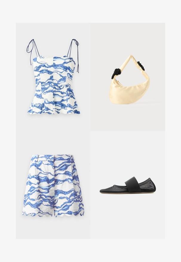 Hvid top med blåt bølgemønster, flagrende design og justerbare spaghetti-stropper. Har scallop-udskæring og struktureret stof.; Hvide shorts med blåt bølgemønster, bølgede kanter, letvægtsstof, plisseret front og en afslappet pasform. Velegnet til afslappet brug.; Sort fladsko med netmateriale, rundet tå og bred elastisk rem over vristen, vist i sideprofil på ensartet baggrund.; Skuldertaske i cremefarvet satin med to sorte flettede knuder på remmen og en synlig lynlåslukning.