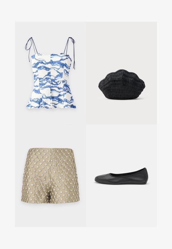 Hvid top med blåt bølgemønster, flagrende design og justerbare spaghetti-stropper. Har scallop-udskæring og struktureret stof.; Guldshorts med diamantnetmønster, dekorative sølvfarvede detaljer, glat stof og en tætsiddende pasform.; Sort læderballetsko med rund tå, glat tekstur, minimal syning og et fleksibelt såldesign.; Sort flet håndtaske formet som en muslingeskal med en buet top og flettet tekstur på en ensfarvet baggrund.