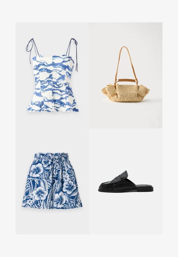 Hvid top med blåt bølgemønster, flagrende design og justerbare spaghetti-stropper. Har scallop-udskæring og struktureret stof.; Blå og hvide shorts med blomsterdesign, elastisk talje, snoretræk og klippede ben. Lavet af letvægtsstof.; Sort læder slip-on mule med flad sål, mokkasinstil syning og en foldet tungedetalje på en ensfarvet baggrund.; Vævet beige håndtaske med en lang tynd strop og opsamlede sider, med et kort håndtag indpakket i læder til forskellige bære muligheder.