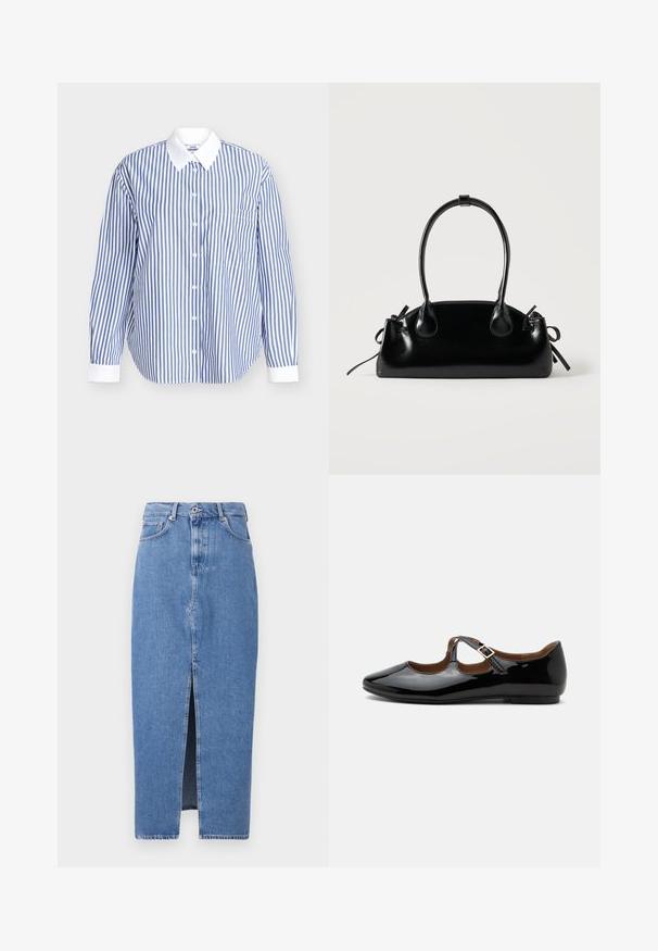 Camisa a rayas en algodón azul y blanco. Presenta un cierre frontal con botones, mangas largas y un cuello blanco. Incluye un bolsillo en el pecho.; Falda midi de mezclilla azul claro con una abertura frontal, diseño clásico de cinco bolsillos y cierre con botón en la parte superior. La tela tiene una ligera textura.; Zapato plano Mary Jane de charol negro con dos recortes y una correa con hebilla dorada sobre fondo blanco.; Pequeño bolso negro brillante con dos asas largas y detalles de cordón lateral sobre un fondo claro liso.