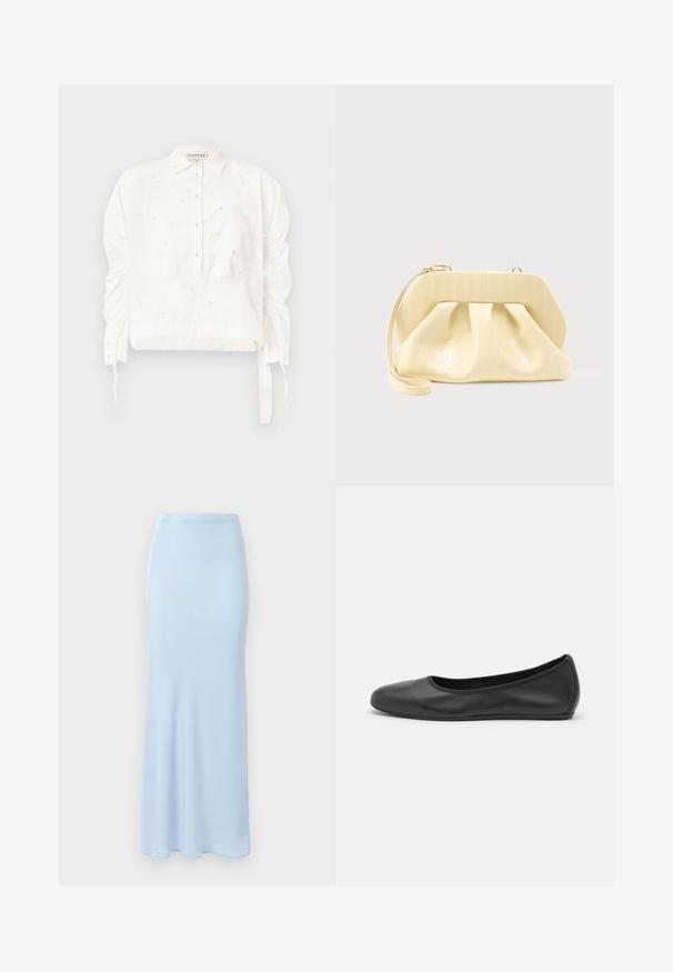 Chemisier blanc court en coton, avec un devant à boutons, des manches froncées et des détails décoratifs en perles.; Jupe en satin bleu clair, longue jusqu'au sol, avec une taille ajustée et une légère évasement en bas sur un fond blanc.; Ballerines en cuir noir avec un bout rond, texture lisse, détails de couture minimalistes et design de semelle flexible.; Pochette en cuir couleur crème avec un cadre supérieur structuré et une lanière pour poignet, présentée sur un fond clair uni.