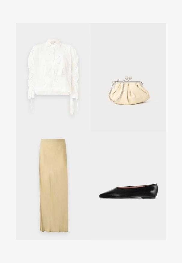 Chemisier blanc court en coton, avec un devant à boutons, des manches froncées et des détails décoratifs en perles.; Jupe droite beige, taille haute, longueur cheville, avec une texture lisse et sans motifs ni ornements visibles.; Chaussure plate en cuir noir pour femme, avec bout pointu et petit talon, vue de côté sur un fond gris clair uni.; Pochette en cuir beige plissé avec un cadre en métal argenté, dotée de deux fermoirs ronds décoratifs et d'une chaîne en argent.