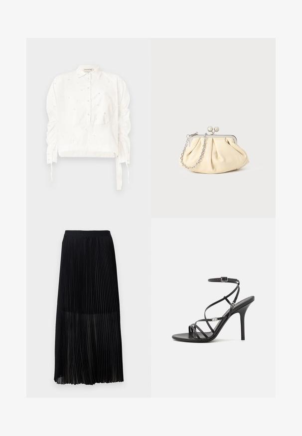Chemisier blanc court en coton, avec un devant à boutons, des manches froncées et des détails décoratifs en perles.; Jupe midi plissée noire avec une taille élastique lisse et une superposition transparente, présentant de fins plis verticaux sur toute la surface du tissu.; Sandale noire à talons hauts avec des brides fines, une boucle à la cheville, une surface en cuir lisse et un talon aiguille élancé.; Pochette en cuir beige plissé avec un cadre en métal argenté, dotée de deux fermoirs ronds décoratifs et d'une chaîne en argent.