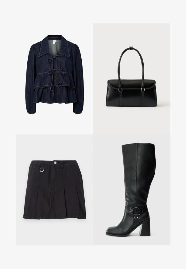 Dunkelblaue Jeansjacke mit einem Peplum-Silhouette, ausgestellten Ärmeln und vorderen Bändern. Auffällige Kontrastnähte und große Kragenverzierungen.; Schwarze Plisseerock aus Baumwolle mit einer Knopfleiste vorne, Gürtelschlaufen und einem D-Ring-Accent am Bund.; Knöchelhöhe schwarze Lederstiefel mit quadratischer Spitze, breitem Absatz und einem dekorativen Riemen mit metallischen Akzenten um den Knöchel. Glatte Textur.; Schwarze, rechteckige Lederhandtasche mit Klappverschluss und zwei langen Griffen vor weißem Hintergrund.