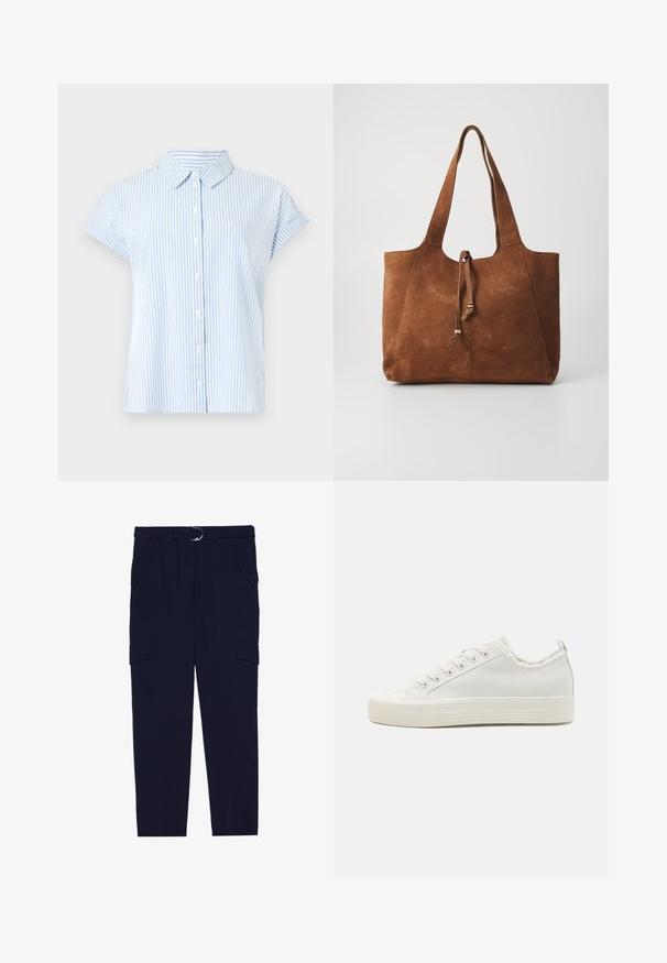 Camisa de manga corta abotonada en rayas azul claro y blanca. La tela tiene una textura suave; cuenta con un cuello clásico y un corte relajado.; Pantalones de carga navy con un cinturón que presenta un anillo plateado, cuatro bolsillos y un diseño de pierna tapered, fabricados en una suave tela texturizada.; Zapatillas de lona blancas con un upper texturizado, puntera redonda, suela plana y cordones en la parte delantera. Cuenta con un cuello ligeramente deshilachado y una lengüeta.; Bolso tote de ante marrón con dos asas largas, cierre de cordón y textura suave. Presenta un diseño sencillo y acentos mínimos.