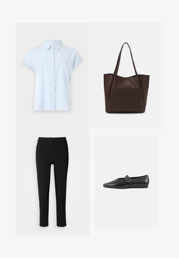 Kortærmet skjorte med knapper i lyseblå og hvide striber. Stoffet har en glat tekstur; har en klassisk krave og en afslappet pasform.; Sorte skræddersyede bukser med slim fit, flad front og uden synlige lommer, med en glat tekstur og en ren finish ved kanten.; Sorte læder flade sko med spidse tæer, prydet med en metallisk spænde over vristen og en lav, fleksibel sål.; Brun tote taske lavet af glat materiale, med en stor frontlomme, to håndtag og et forenklet, struktureret design.