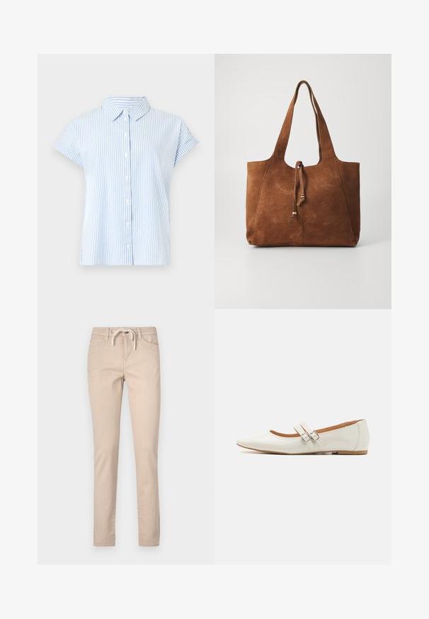Kurzärmliges Button-Down-Hemd in hellblau mit weißen Streifen. Der Stoff hat eine glatte Textur; verfügt über einen klassischen Kragen und einen entspannten Schnitt.; Beige gestreifte Baumwollhosen mit einem Kordelzugbund, schmal zulaufenden Beinen und zwei Fronttaschen. Glatte Textur, lässiges Design.; Weiße Lacklederschuhe mit spitzem Zehen, zwei dekorativen Riemen mit silbernen Schnallen und einer dezenten braunen Sohle.; Braune Wildleder-Handtasche mit zwei langen Griffen, Kordelzugverschluss und glatter Textur. Sie zeichnet sich durch ein einfaches Design und minimale Akzente aus.