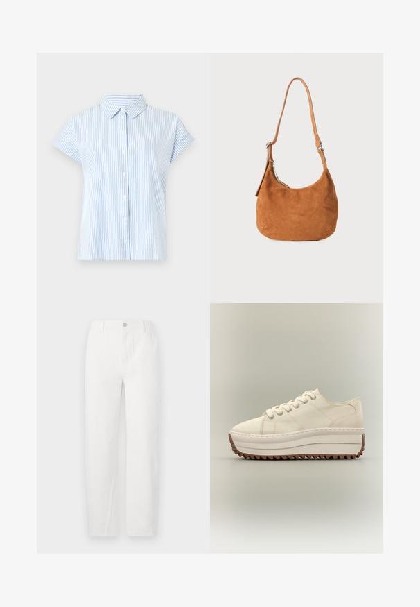 Camisa de manga corta abotonada en rayas azul claro y blanca. La tela tiene una textura suave; cuenta con un cuello clásico y un corte relajado.; Jeans rectos blancos de mezclilla, con cierre de botón, dos bolsillos frontales y costuras limpias. Diseño sencillo sin patrones visibles.; Zapatilla de plataforma color crema con suela blanca gruesa y suela de zigzag marrón, cierre de cordones y parte superior de tela.; Bolso de hombro de ante marrón claro con un diseño curvado, correa ajustable, cremallera metálica y detalle de logo en relieve en la parte frontal.