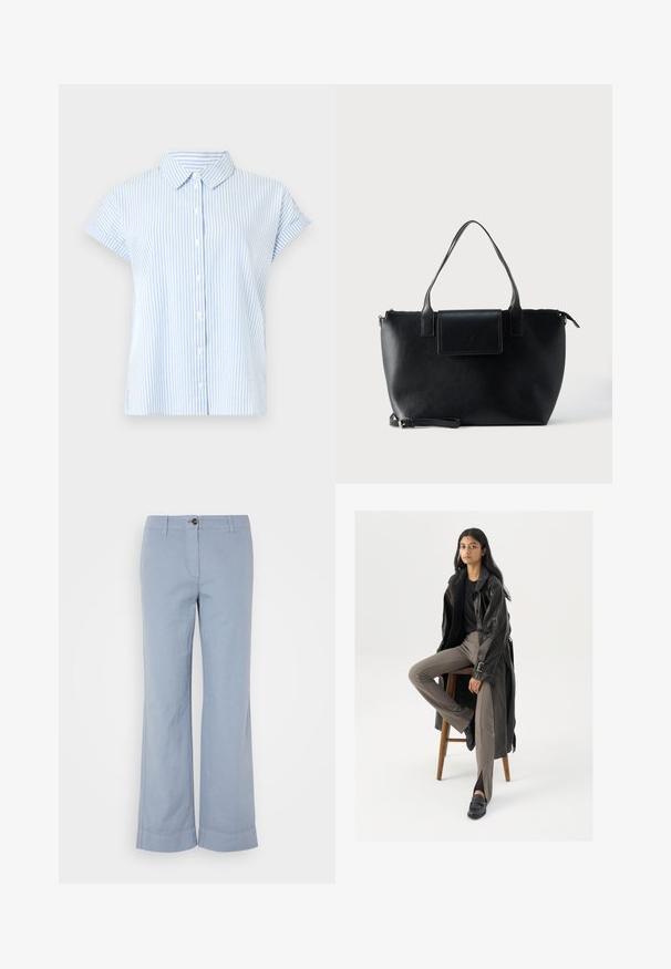 Kortærmet skjorte med knapper i lyseblå og hvide striber. Stoffet har en glat tekstur; har en klassisk krave og en afslappet pasform.; Lysblå linnedragter med lige ben, knaplukning og opretstående kant. Glat tekstur, designet til afslappet brug.; Sort læder trench coat med knapper og bælte detalje, parret med lysebrune tætsiddende bukser og sorte loafers, siddende på en træstol.; Sort lædertaske med to håndtag, en aftagelig rem, magnetisk flaplukning og en glat overflade. Lynlåslukning øverst og dekorative syninger.
