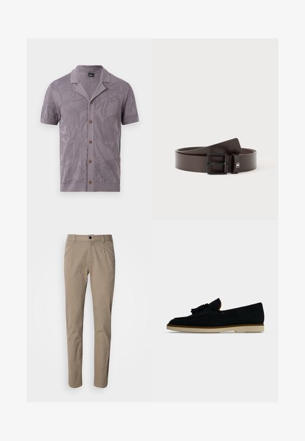 Chemise lavande à manches courtes avec boutonnière, motifs abstraits texturés et col camp, étiquetée "BOSS" à l'intérieur de l'encolure.; Pantalon en coton beige à coupe droite, doté d'une fermeture boutonnée et de deux poches avant. Texture lisse et tissu léger.; Mocassin noir en cuir avec pampilles et semelle en caoutchouc beige, présenté de profil sur un fond gris clair uni.; Ceinture en cuir marron foncé avec une boucle métallique rectangulaire noire, enroulée sur un fond blanc.