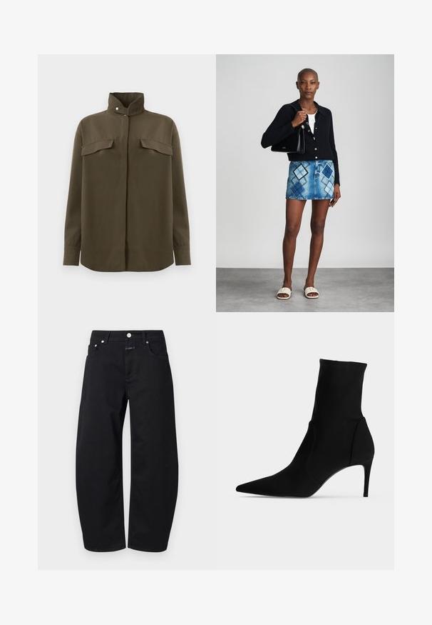 Brun langærmet skjorte med stående krave og trykknap, to forlommer med klap og skjult knaplukning.; CLOSED JAZZIE - Jeans Relaxed Fit - black; Sort ankelstøvle med spids tå og slank høj hæl, vist i profil på en lys baggrund. Elegant, minimalistisk design.; Sort striktrøje, hvid top, denimnederdel med blå og sort diamantmønster, sort håndtaske og beige slidesandaler.