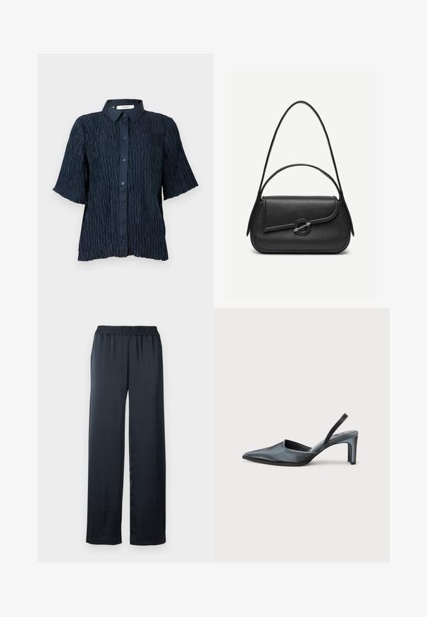 Camisa de manga corta en azul marino con una superficie texturizada y arrugada, que presenta un cierre frontal de botones y un cuello clásico.; Pantalones de pierna ancha negros, fabricados con un tejido suave y ligero. Cuenta con una cinturilla elástica para mayor comodidad y una silueta fluida.; Tacón destalonado negro con punta puntiaguda, acabado de satén elegante y tacón delgado de 3 pulgadas. Diseño lateral abierto con detalle mínimo de costuras.; Bolso de cuero negro con bordes redondeados, solapa asimétrica, cierre circular de metal y correas de hombro cortas y largas.