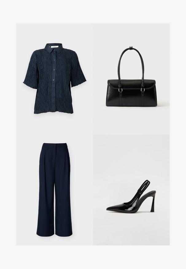 Marineblauwe korte mouwen shirt met een gestructureerd, gekreukeld oppervlak, voorzien van een knoopsluiting aan de voorkant en een klassieke kraag.; Marineblauwe wijde broek met hoge taille en voorplooien, afgebeeld tegen een effen witte achtergrond.; Zwarte gepatineerde leren slingback pump met puntige neus, slanke hoge hak en dubbele elastische band voor een veilige pasvorm. Gladde, glanzende oppervlakte.; Zwarte leren rechthoekige handtas met klep en twee lange handvatten tegen een effen witte achtergrond.