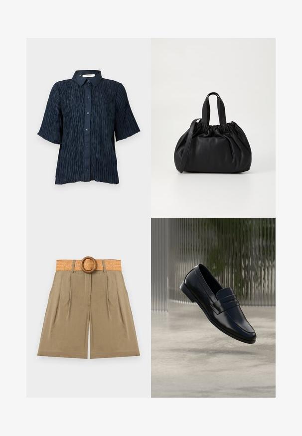 Marineblå kortærmet skjorte med en struktureret, krøllet overflade, der har en knaplukning foran og en klassisk krave.; Beige shorts med høj talje, frontplisser og et bredt vævet bælte med en stor rund træspænde.; Sort læderloafer med stroplignende detalje, svævende over en poleret betongulv med en sløret tekstureret glasbaggrund.; Sort læderhåndtaske med en samlet topdesign, der har to korte håndtag og en lang justerbar rem. Glat overflade, rund form.