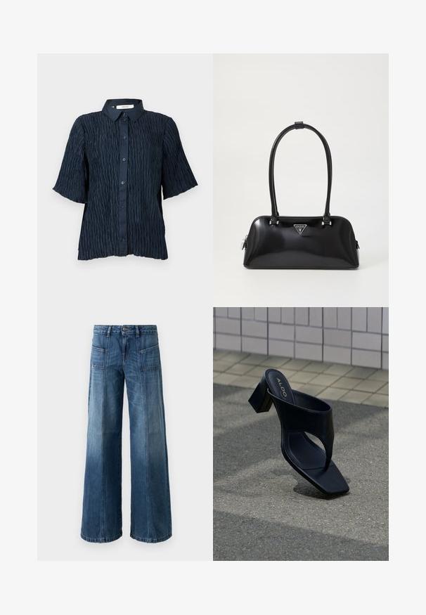Marineblå kortærmet skjorte med en struktureret, krøllet overflade, der har en knaplukning foran og en klassisk krave.; Videbenet jeans i en falmet blå denim. Har fem lommer, en knap- og lynlås-lukning, synlige syninger og en løs pasform.; Sort hælsandal med firkantet tå og bred rem, placeret på grå asfalt nær flisebelagt væg.; Sort glanshandtaske med en buet silhuet, to håndtag og en frontlogo-plakette. Lynlås lukning og skinnende hardware-detaljer.