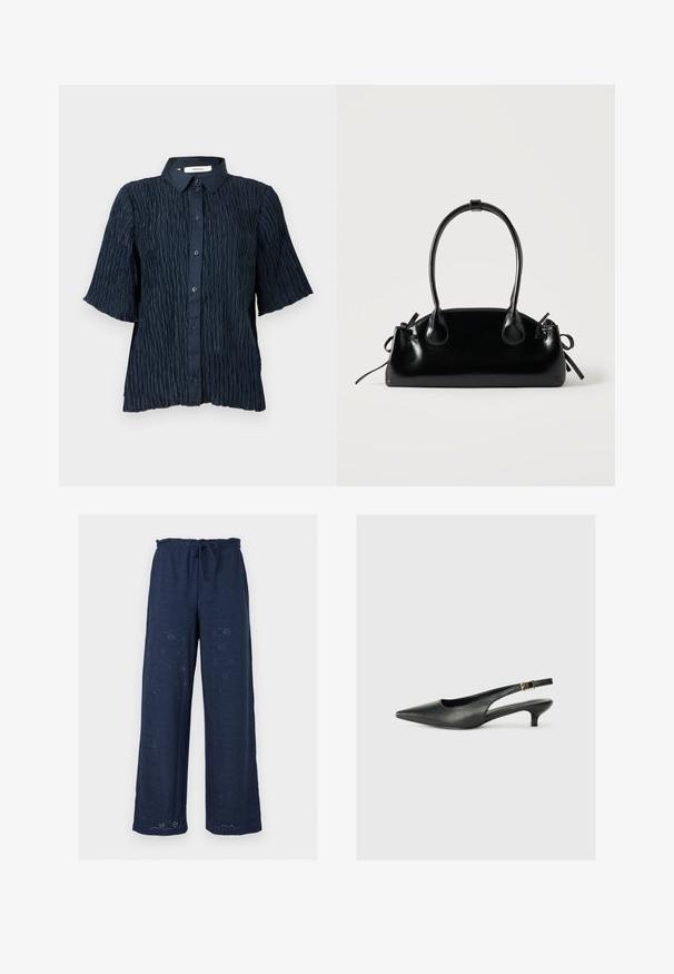 Camisa de manga corta en azul marino con una superficie texturizada y arrugada, que presenta un cierre frontal de botones y un cuello clásico.; Pantalones azul marino de pierna ancha con cintura elástica y cordón, con bordado floral calado en toda la tela.; Zapato de tacón slingback negro de punta afilada, hecho de cuero suave. Presenta un tacón delgado y un detalle de hebilla en la correa ajustable.; Pequeño bolso negro brillante con dos asas largas y detalles de cordón lateral sobre un fondo claro liso.