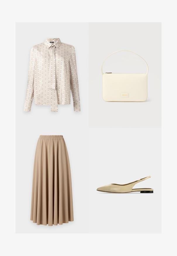 Chemise à manches longues en tissu crème avec des rayures verticales et un motif répété subtil en beige. Présente un col et un devant boutonné.; Jupe maxi beige avec une taille élastique, fabriquée dans un tissu doux avec un design fluide et plissé. Texture lisse, couleur unie.; Chaussure plate beige à bout pointu avec bride arrière, petit talon noir et finition en cuir lisse, vue de côté sur un fond uni.; Sac à main rectangulaire de couleur crème avec une seule sangle et une fermeture éclair sur le dessus, comportant une petite plaque de logo embossé à l'avant.