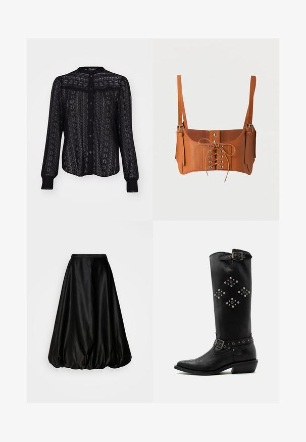 Chemisier noir à boutons, en dentelle transparente, présentant des motifs délicats, des manches longues avec des poignets élastiques et un col rond.; Jupe midi en satin noir avec une forme ballon volumineuse. Texture lisse et taille ajustée, conçue pour une silhouette fluide.; Botte en cuir noir mi-mollet avec des clous argentés en motifs losanges, sangles à boucles près du haut et de la cheville, et un talon bas incliné.; Bustier court en cuir marron avec laçage devant, œillets argentés, boutons-pression et bretelles réglables avec boucles métalliques.