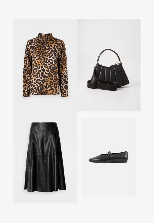 Chemise à manches longues avec un motif léopard brun et noir et un col classique sur fond clair.; Jupe en cuir noir avec une silhouette évasée, présentant des coutures visibles et une texture lisse. Conception mi-longue avec une coupe classique.; Chaussure plate en cuir noir avec un orteil pointu, présentant une sangle à boucle métallique sur le cou-de-pied et une semelle basse et flexible.; Sac à main plissé noir avec une poignée arrondie, une bandoulière réglable et une texture brillante. Présente des accessoires en argent et une silhouette structurée.