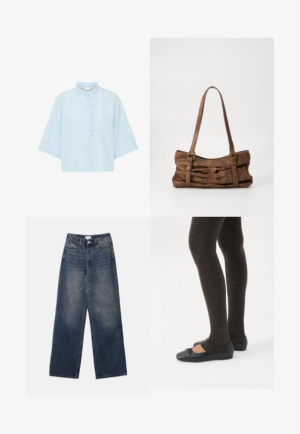 Lysblå skjorte med korte ærmer, der har lodrette hvide striber og en flæse langs knapstolpen. Fremstillet af bomuldsmateriale.; Mænds højtaljede blå denim jeans med brede ben, frontknap og lynlås samt for- og baglommer.; Ben iført mørke ribbede leggings kombineret med sorte balletsko med små sløjfedetaljer på hvid baggrund.; Even&Odd by Zalando Håndtasker - brown