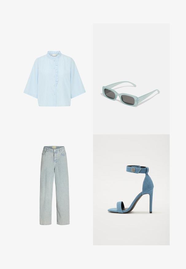 Hellblaues Kurzarm-Hemd mit Knopfleiste, versehen mit vertikalen weißen Streifen und einer Rüsche entlang der Knopfleiste. Aus Baumwollmaterial.; Hellblaues Denim-Jeans mit weitem Bein und hoher Taille, vorderen Taschen und Knopfverschluss. Der Stoff wirkt weich und leicht strukturiert.; Blaue Jeansstoff-Pumps mit einem Knöchelriemen und Knopfverschluss. Verfügt über eine quadratische Zehenpartie und eine schwarze Sohle für den Kontrast.; Ein Paar rechteckige Sonnenbrillen mit lichtblauen, halbtransparenten Rahmen und dunkelgrauen Gläsern, ausgestattet mit geraden Bügeln und minimalen Hardware-Details.