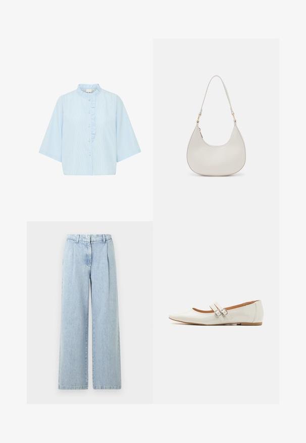 Camisa de botones azul claro con mangas cortas, que presenta rayas verticales blancas y un volante a lo largo de la tapeta de botones. Material de algodón.; Pantalones de mezclilla anchos en azul claro con pliegues, cinturilla elástica y un acabado desgastado. Presentan un corte recto y dobladillos acabados.; Bailarinas de charol blanco con punta afilada, dos tiras decorativas con hebillas plateadas y una plantilla sutilmente marrón.; Bolso de hombro de cuero crema con forma de media luna, correa delgada y sutil detalle de costuras. Diseño minimalista con acentos de hardware en tono dorado.