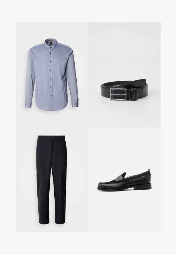 Camisa abotonada de tela azul claro, con cuello tipo banda, mangas largas y botones azul oscuro. Textura suave con un patrón sutil.; Pantalones oscuros de navy, confeccionados en un tejido suave, con un diseño de pierna recta, dos bolsillos laterales y un cierre de botón en la cintura.; Mocasín de cuero negro con detalle de tira gris, tacón bajo y suela texturizada, con la marca "HUGO" en oro en el lateral.; Cinturón de cuero negro con una textura lisa, que presenta una hebilla rectangular de plata y un detalle de doble pasador. Diseño clásico y versátil.