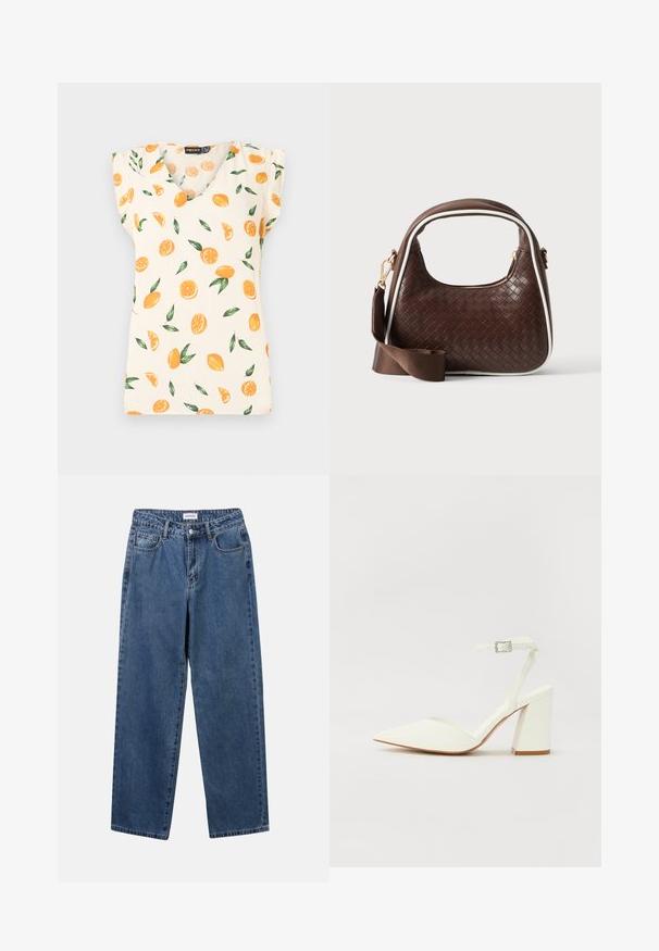 Top de color crema con escote en V y mangas cortas, decorado con patrones de frutas naranjas y hojas verdes. Fabricado con una tela ligera.; Jeans de mezclilla azul clásico con un diseño de pierna recta, cinco bolsillos y cierre de botón. Presenta un lavado medio y una textura resistente.; Sandalia blanca de tacón con puntera afilada, correa ajustable en el tobillo y un tacón cuadrado grueso. Textura lisa con detalles de costura mínimos.; Bolso de mano de piel trenzada marrón con ribete blanco, cremallera dorada y correa de hombro de tela marrón desmontable.