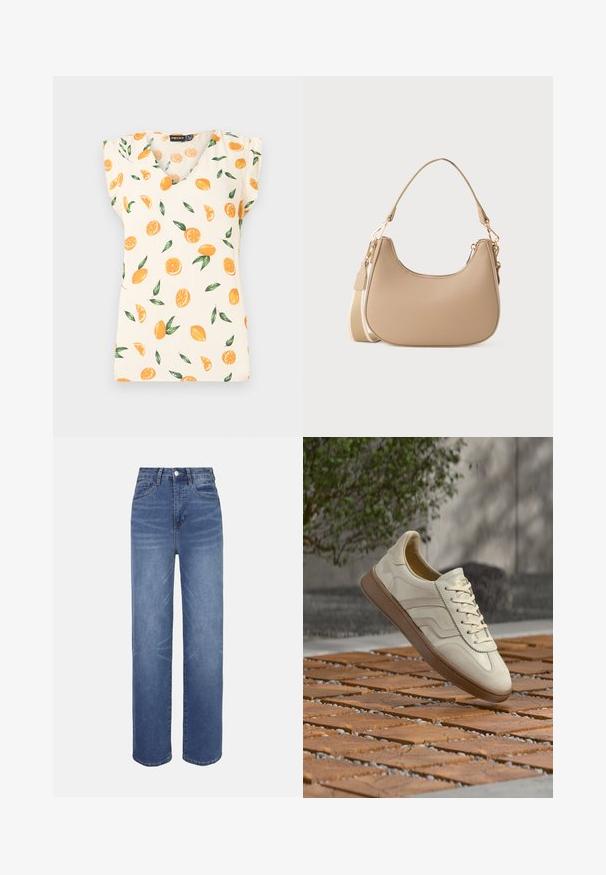 Top de color crema con escote en V y mangas cortas, decorado con patrones de frutas naranjas y hojas verdes. Fabricado con una tela ligera.; Jeans de mezclilla azul claro con cintura alta, diseño de pierna recta, estilo de cinco bolsillos y detalles sutiles de desgaste en toda la tela.; Zapatilla de color crema con suela de goma beige texturizada, diseño con cordones y sutiles detalles de marca en el lateral. Parte superior de cuero liso.; Pequeña bolsa de hombro beige con parte superior curvada, correa larga desmontable y cierres de tono dorado sobre un fondo blanco liso.