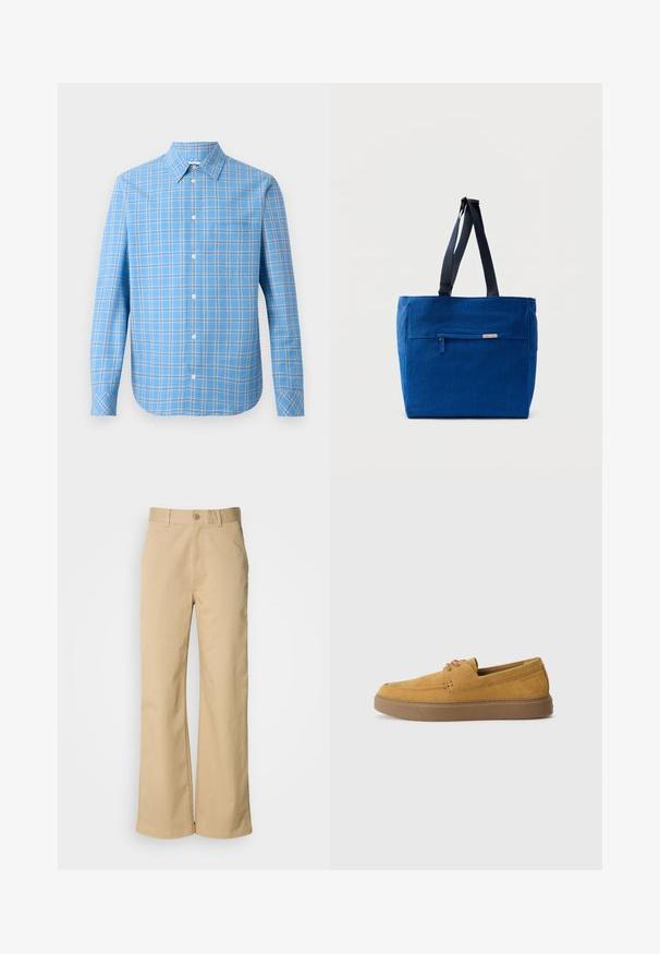 Chemise à carreaux bleu clair à manches longues, col classique et poche poitrine unique. Présente des accents de grille blancs et noirs.; Pantalon large beige en mélange coton. Fermeture par bouton et passants de ceinture. Texture lisse, avec des détails de couture minimaux.; Chaussures slip-on en suède marron avec une finition texturée, un bout rond et une semelle en caoutchouc contrastante. Présente une marque discrète près du talon.; Sac fourre-tout en toile bleue avec une poche zippée à l'avant, des doubles bretelles et une forme rectangulaire. Dispose d'une étiquette de marque discrète.