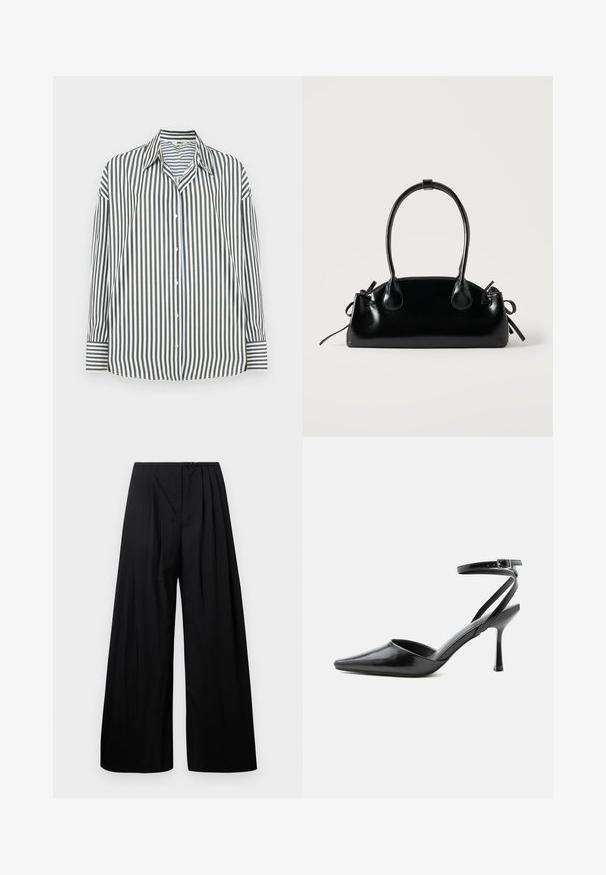 Chemise boutonnée à rayures verticales vertes et blanches, avec un col classique, des manches longues et un ourlet droit.; Pantalons larges noirs à taille haute, dotés de plis verticaux et d'une fermeture à bouton. Texture lisse, design minimaliste.; Escarpin noir à bout pointu avec fines brides de cheville et fermeture à boucle argentée sur fond clair uni.; Petit sac à main noir brillant avec deux longues anses et des détails à cordon sur les côtés sur un fond clair uni.