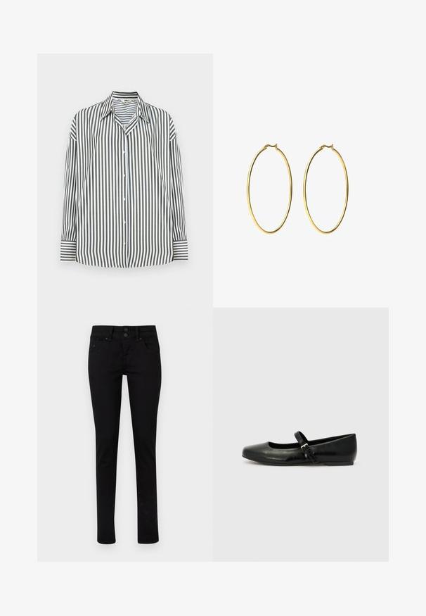 Chemise boutonnée à rayures verticales vertes et blanches, avec un col classique, des manches longues et un ourlet droit.; Jean noir slim avec poches avant, passants pour ceinture et fermeture à double bouton sur fond blanc.; Ballerines en cuir noir avec un bout arrondi, une semelle plate et une fine sangle ajustable sur le cou-de-pied avec une boucle en métal.; Boucles d'oreilles en métal doré en forme de créole, design circulaire, surface lisse, fermées par un simple crochet, de taille moyenne avec une épaisseur uniforme.