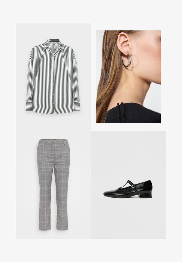 Chemise boutonnée à rayures verticales vertes et blanches, avec un col classique, des manches longues et un ourlet droit.; Pantalons à carreaux gris avec une coupe ajustée. Présente un motif à carreaux subtil, des passants de ceinture et une coupe droite. Texture de tissu lisse.; Chaussures Mary Jane en cuir noir avec bout pointu, petit talon carré et bride ajustable avec une boucle argentée. Texture lisse et brillante.; Boucle d'oreille en argent avec une finition polie, présentant de petits détails en or et de forme ronde, portée sur le lobe.
