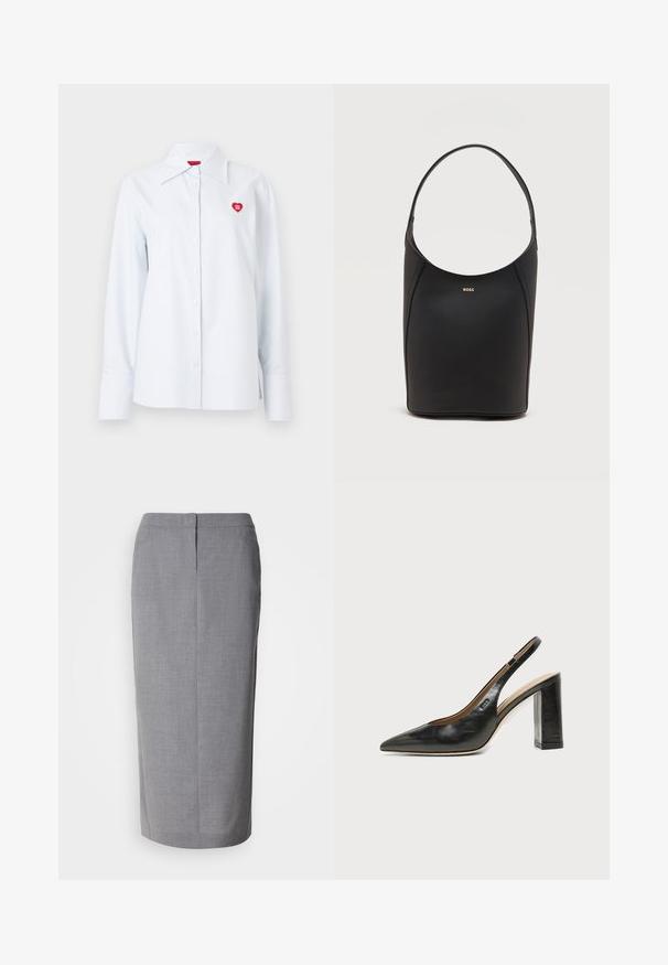 Chemise à rayures boutonnée en coton bleu clair, avec un col classique et un petit logo en forme de cœur rouge sur la poitrine. Manches longues avec poignets.; Jupe crayon grise en tissu texturé, dotée d'une coupe droite, d'une fente au dos et d'une fermeture éclair dissimulée à l'arrière.; Chaussure slingback en cuir noir à bout pointu avec un talon bloc haut et une doublure intérieure beige sur un fond clair uni.; Sac seau en cuir noir avec une seule bandoulière et un petit logo BOSS doré centré près du haut à l'avant.