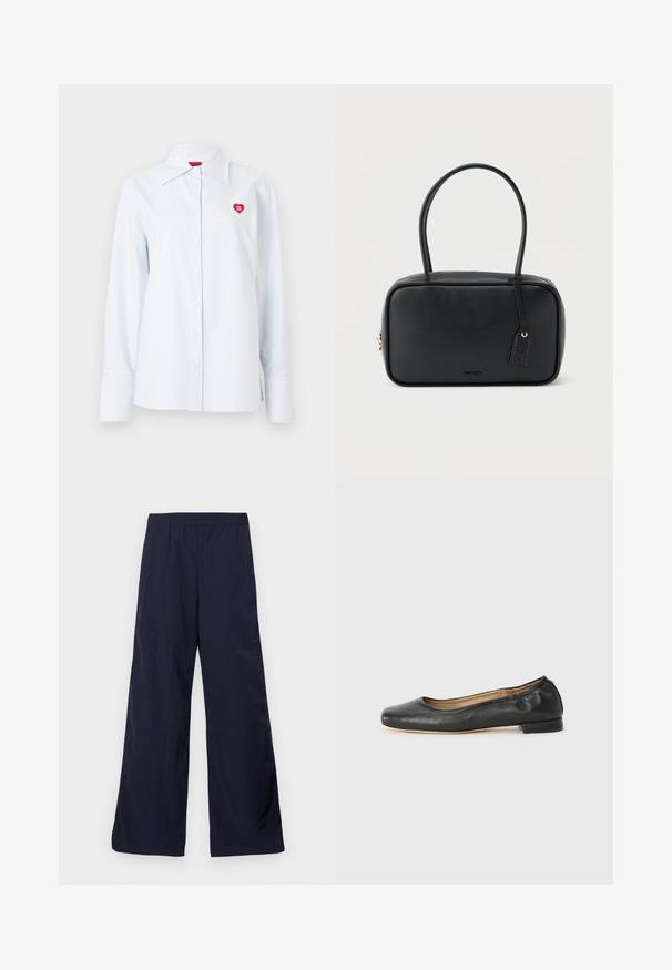 Chemise à rayures boutonnée en coton bleu clair, avec un col classique et un petit logo en forme de cœur rouge sur la poitrine. Manches longues avec poignets.; Pantalons évasés en bleu marine, fabriqués dans un matériau léger avec une texture lisse et une taille élastique pour plus de confort.; Ballerines en cuir noir avec un bout arrondi et des coutures minimales. Talon bas et rectangulaire avec une texture lisse. Détails subtils de doublure intérieure.; Sac à main rectangulaire noir avec doubles poignées arrondies, fermeture éclair dorée et logo "HUGO" embossé sur le devant avec une étiquette en cuir attachée.