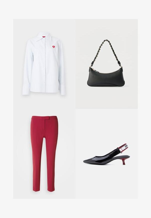 Chemise à rayures boutonnée en coton bleu clair, avec un col classique et un petit logo en forme de cœur rouge sur la poitrine. Manches longues avec poignets.; Pantalons taillés rouge avec une texture lisse, coupe slim et devant plat. Conçus avec une taille étroite et sans poches visibles.; Chaussure slingback en cuir verni noir avec bout pointu, talon kitten rouge, et bride élastique blanche avec bordure noire et rouge.; Sac à bandoulière en cuir noir de forme rectangulaire incurvée, avec une chaîne dorée tissée dans la bandoulière noire tressée et une fermeture éclair sur le dessus.